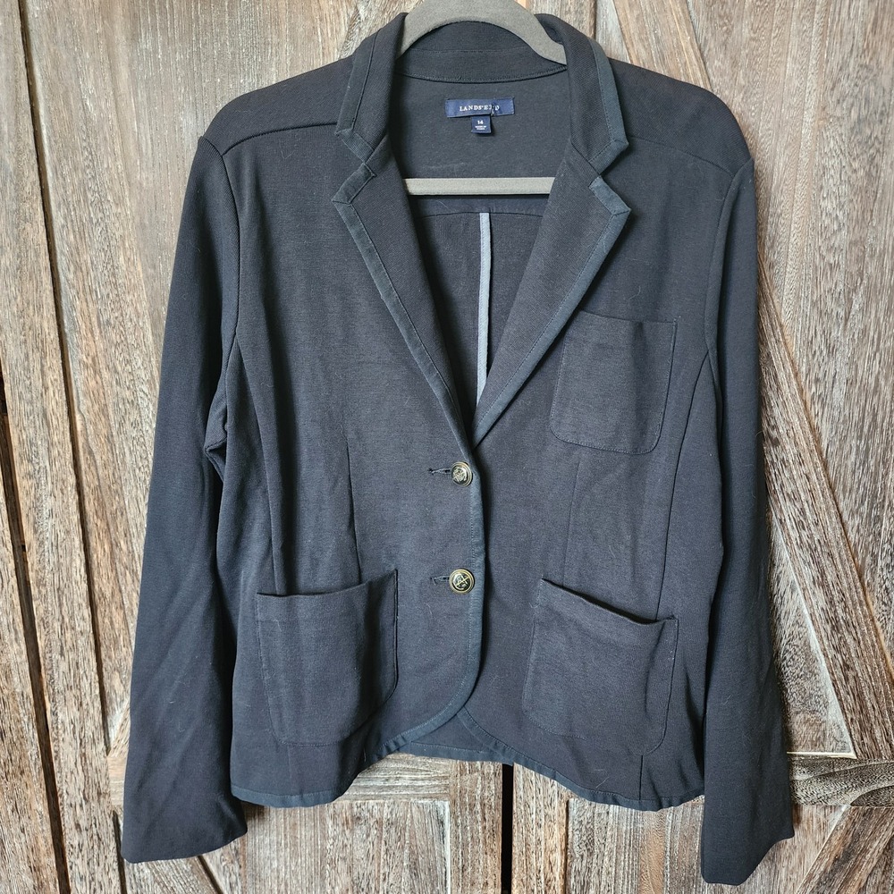 Lands'‎ End Blazer Women's Size 14 Black Heavyweight Knit Nautical Classic Lined